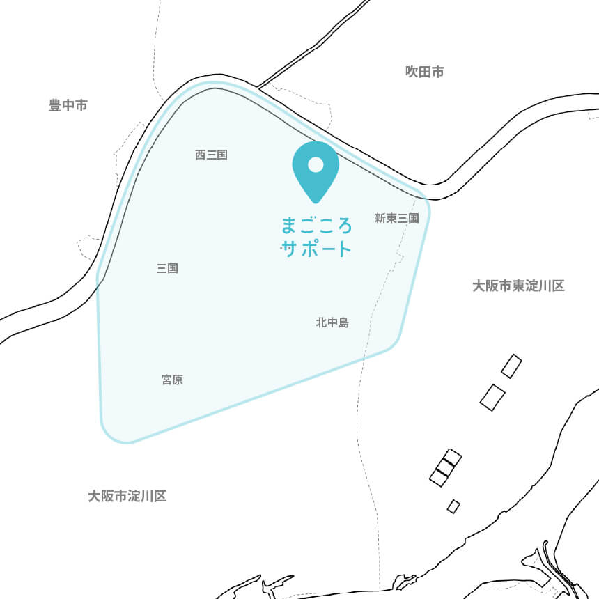 対応エリアマップ。大阪市淀川区の東三国、新東三国、西三国、三国、北中島、宮原に色が塗られている。